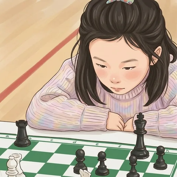 Bé Cam bên bàn cờ
