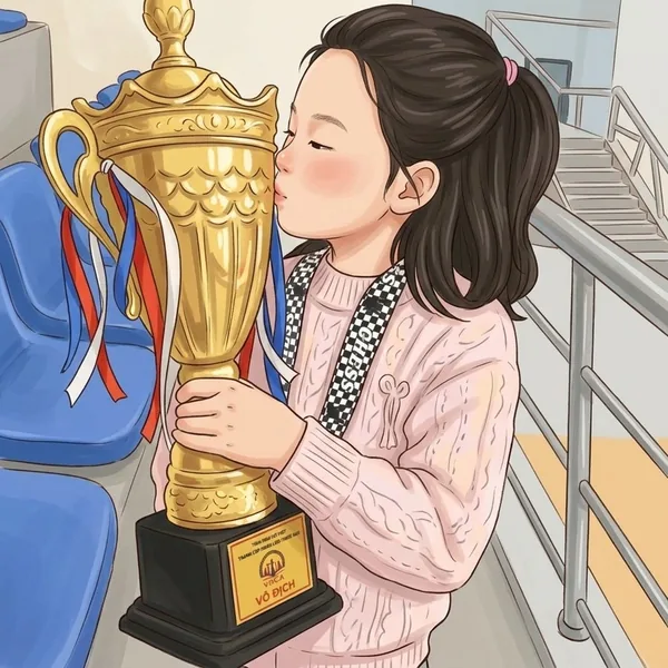Bé Cam ôm chiếc cup vô địch