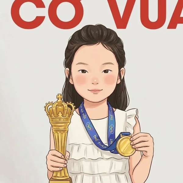 Bé Cam đeo huy chương